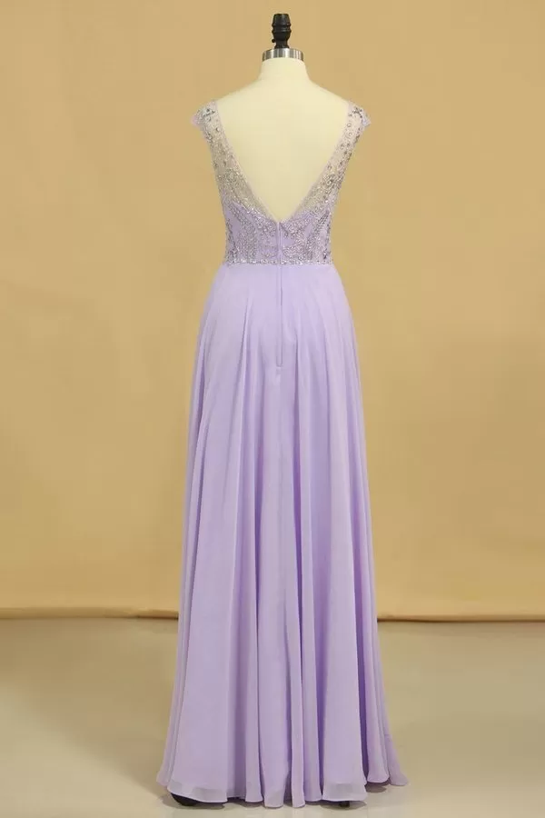 2024 Prom Dresses A-Line Scoop Floor-Length Chiffon Beaded PJSKP1RZ