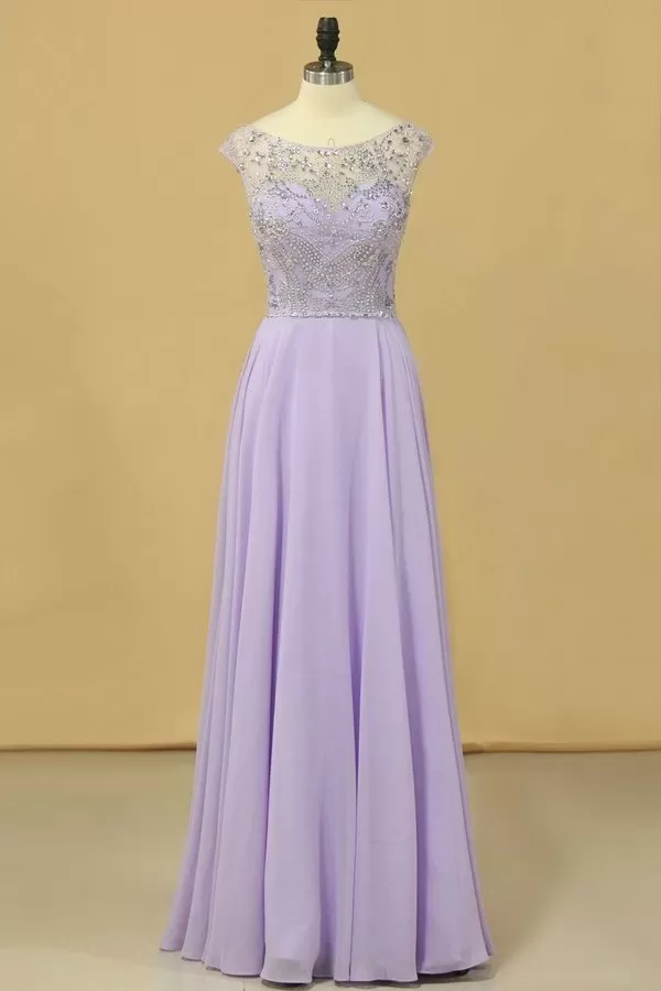 2024 Prom Dresses A-Line Scoop Floor-Length Chiffon Beaded PJSKP1RZ