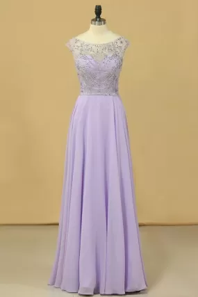 2024 Prom Dresses A-Line Scoop Floor-Length Chiffon Beaded PJSKP1RZ