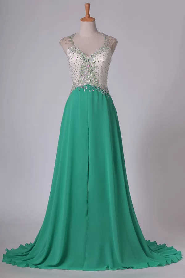 2024 Prom Dresses A Line V Neck Chiffon With Beading Open PSN34Y58