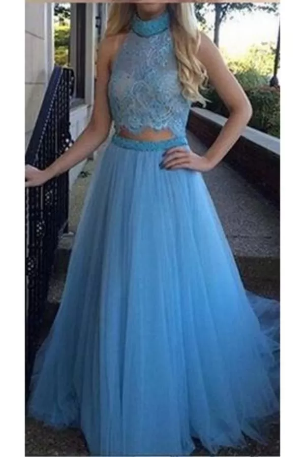 2024 Two-Piece Prom Dresses Halter Tulle & Lace With Beads PTCA36NK