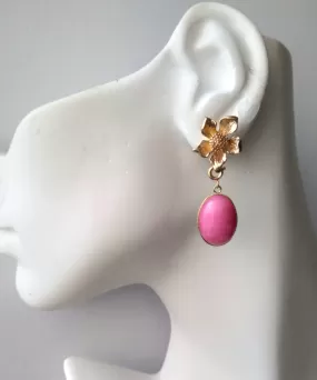 5 Petal Flower Brass Studs with Pink Jade Dangle