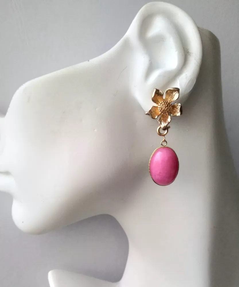 5 Petal Flower Brass Studs with Pink Jade Dangle