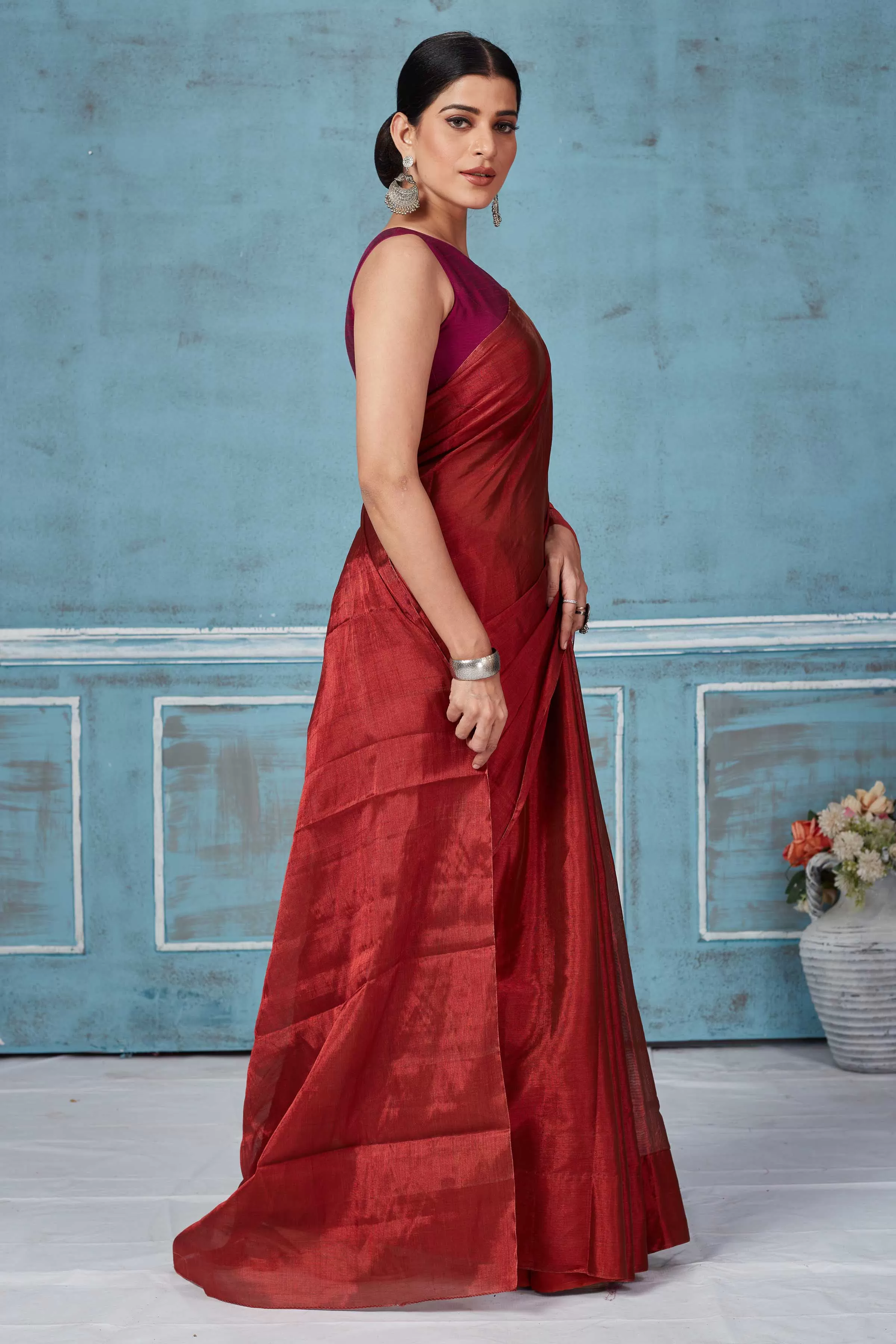 92A164 Maroon Tissue Silk Golden Zari Saree