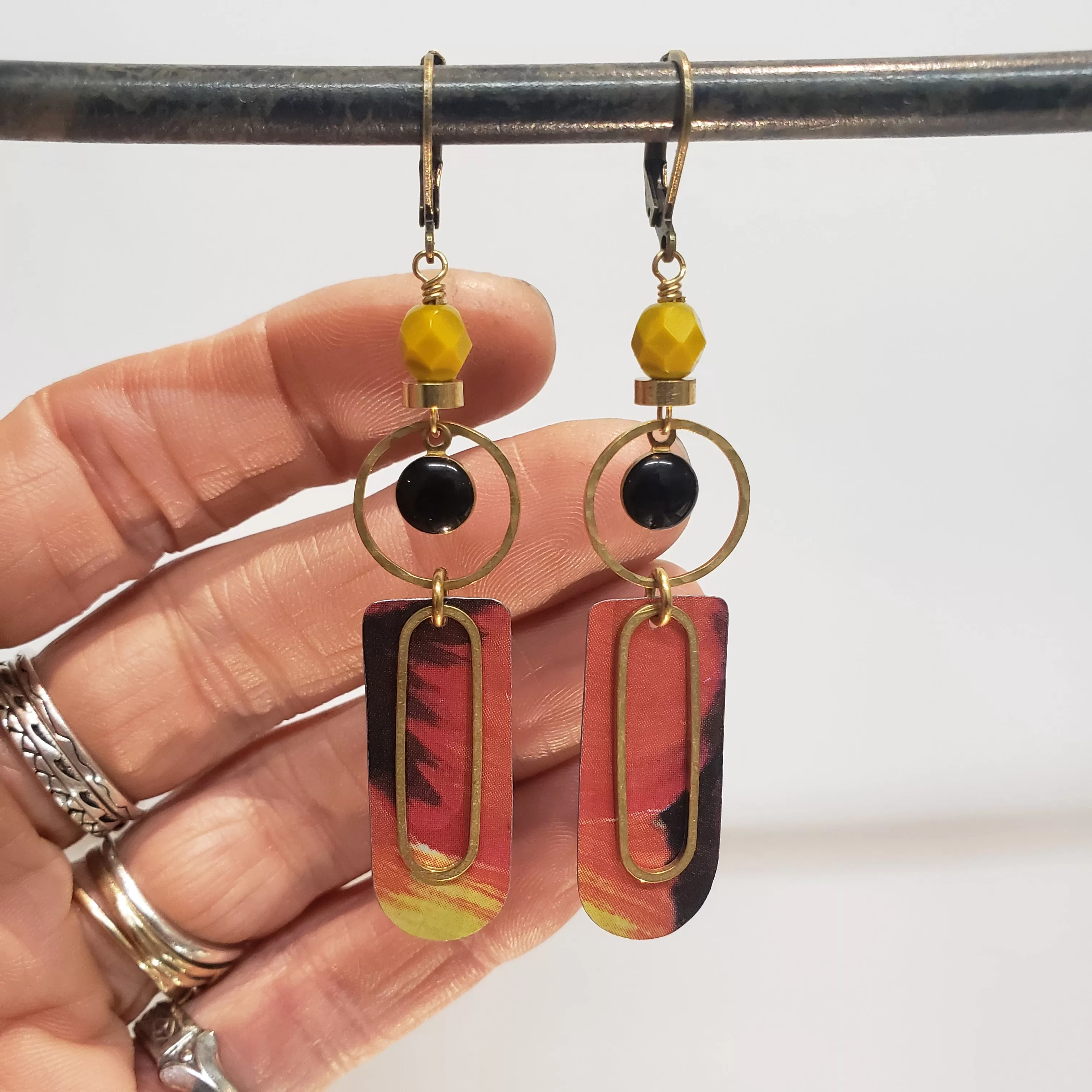 Abstract Brass Eye Earrings - Flame Sunset