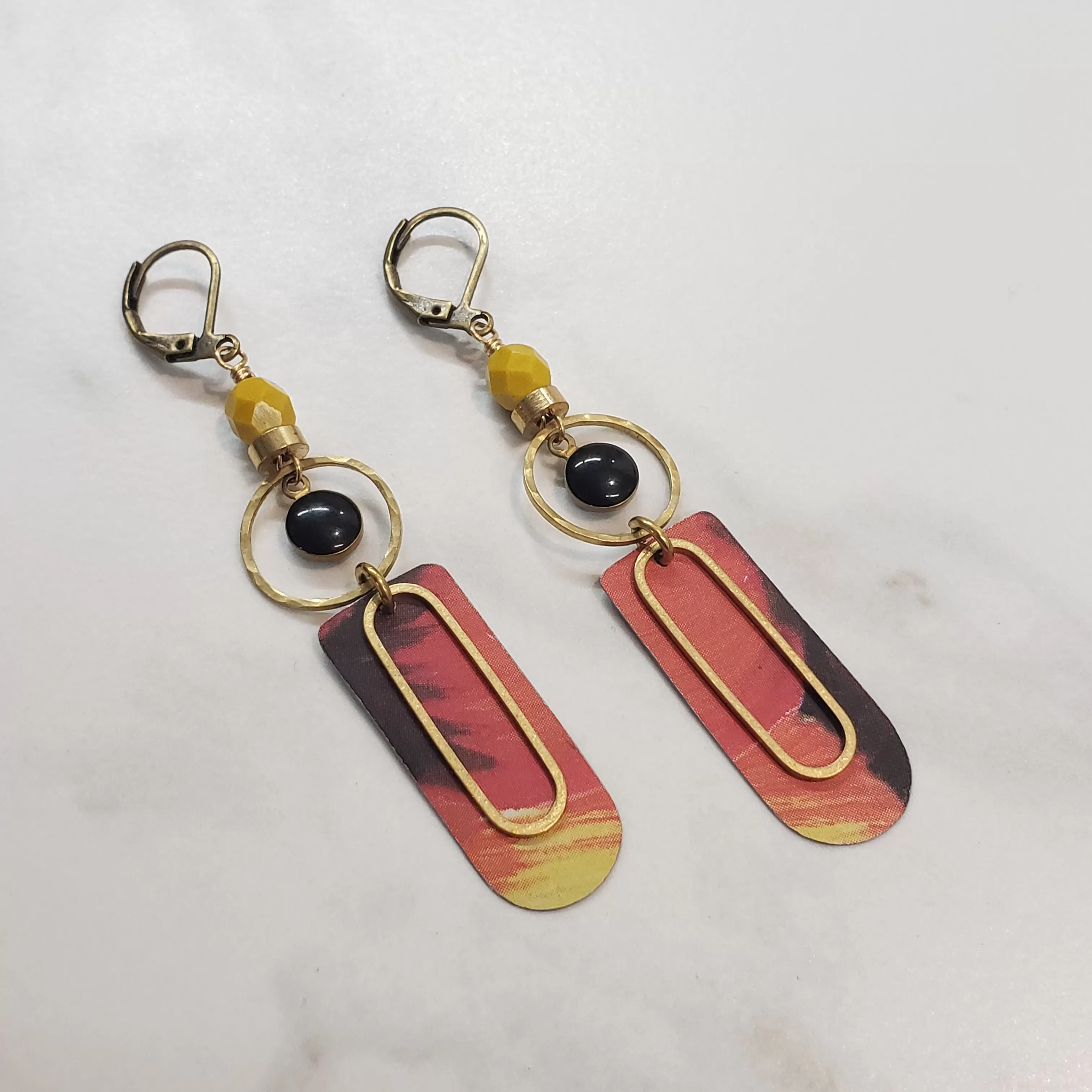 Abstract Brass Eye Earrings - Flame Sunset