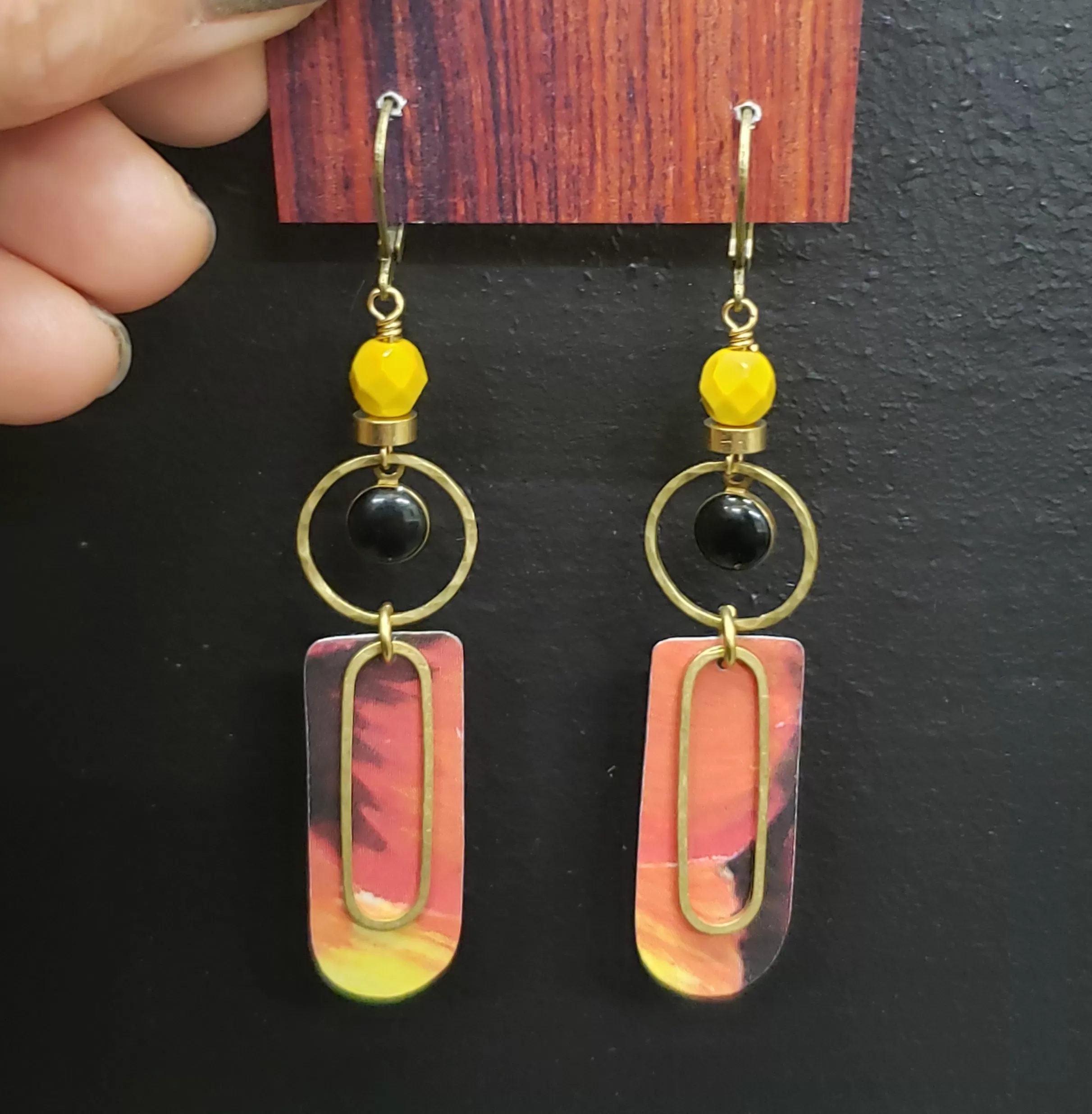 Abstract Brass Eye Earrings - Flame Sunset