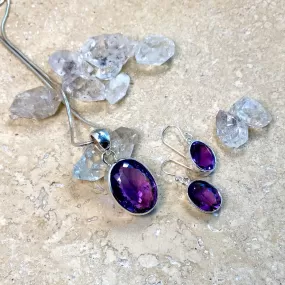 Amethyst Oval Hand Faceted Pendant & Earring Set - Grace