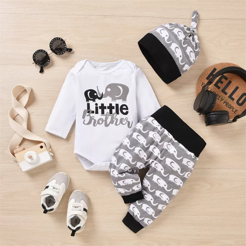 Baby Boys Solid Cartoon Elephant Print Long Sleeve Romper Trousers Hat Three Piece Set