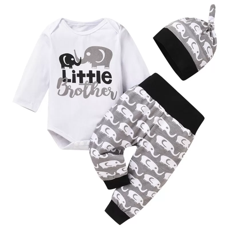 Baby Boys Solid Cartoon Elephant Print Long Sleeve Romper Trousers Hat Three Piece Set