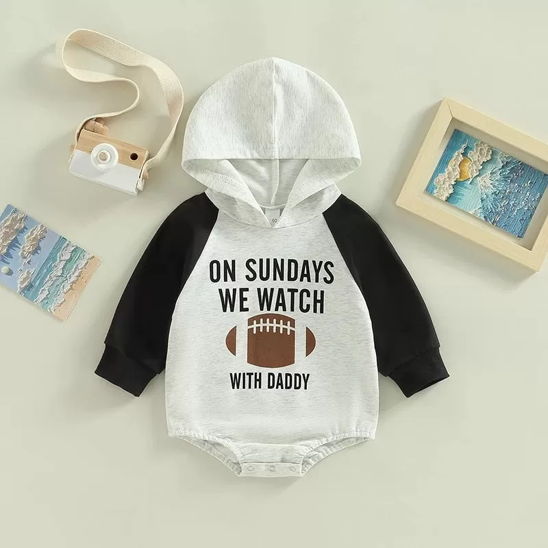 Baby  Boys Solid Color Alphabet Baseball Print Hooded Color Blocking Jumpsuit