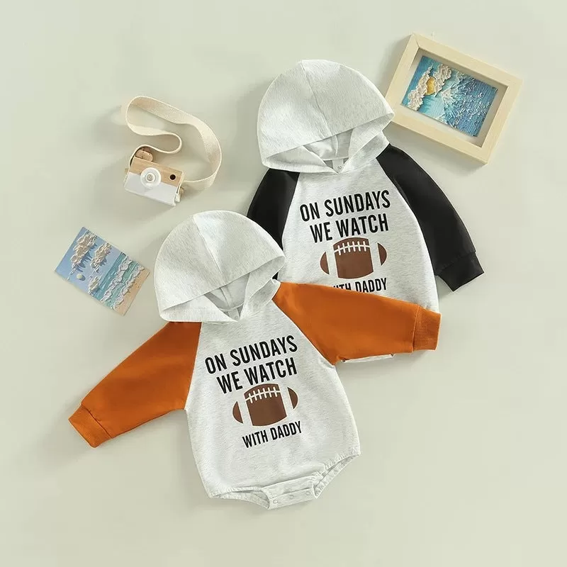 Baby  Boys Solid Color Alphabet Baseball Print Hooded Color Blocking Jumpsuit