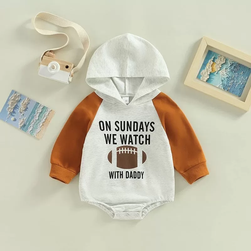 Baby  Boys Solid Color Alphabet Baseball Print Hooded Color Blocking Jumpsuit