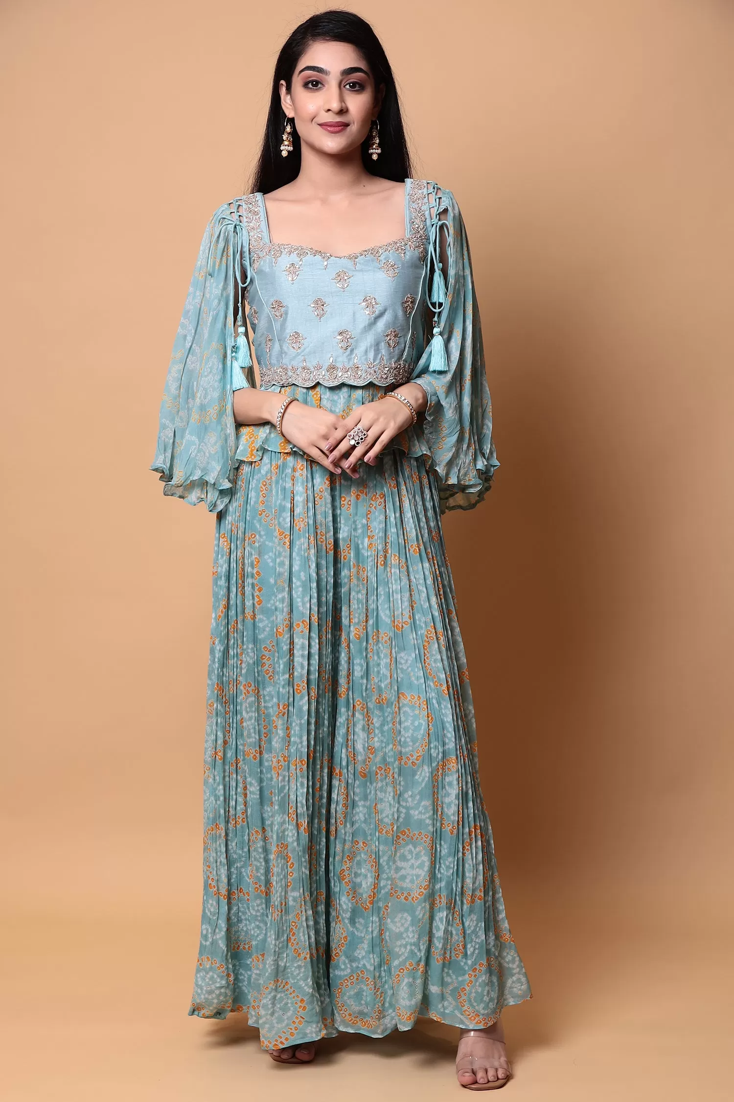 Bandhej Georgette Jump Suit with Gota Patti work.