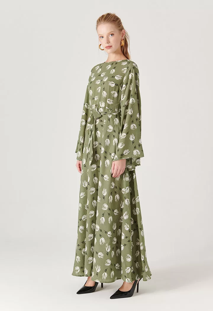 Bell Sleeve Flared Printed Long Dress