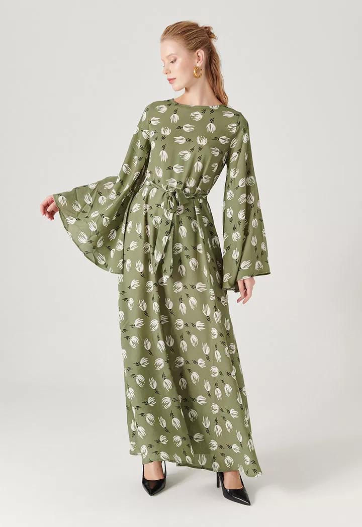 Bell Sleeve Flared Printed Long Dress