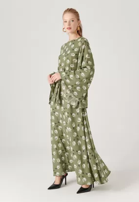 Bell Sleeve Flared Printed Long Dress