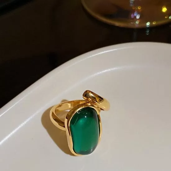 Big Emerald Oval Geometric Statement Adjustable Ring