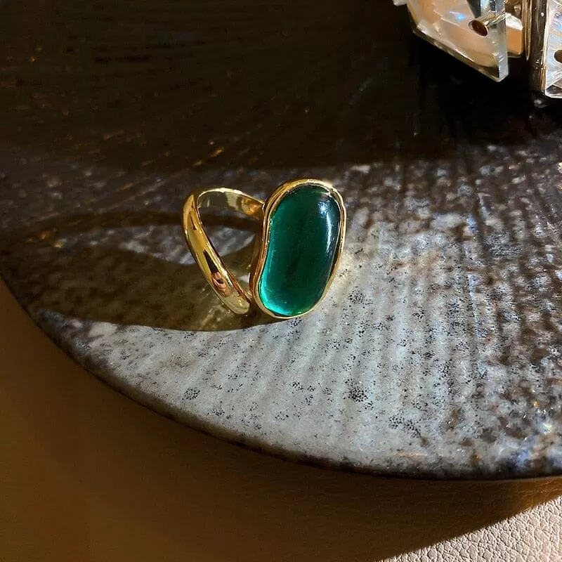 Big Emerald Oval Geometric Statement Adjustable Ring