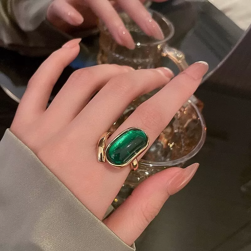 Big Emerald Oval Geometric Statement Adjustable Ring