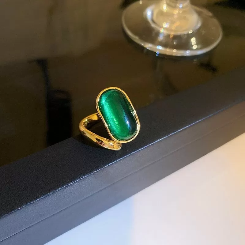 Big Emerald Oval Geometric Statement Adjustable Ring