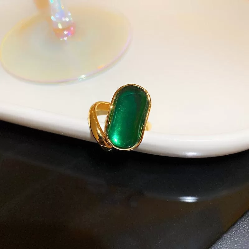 Big Emerald Oval Geometric Statement Adjustable Ring