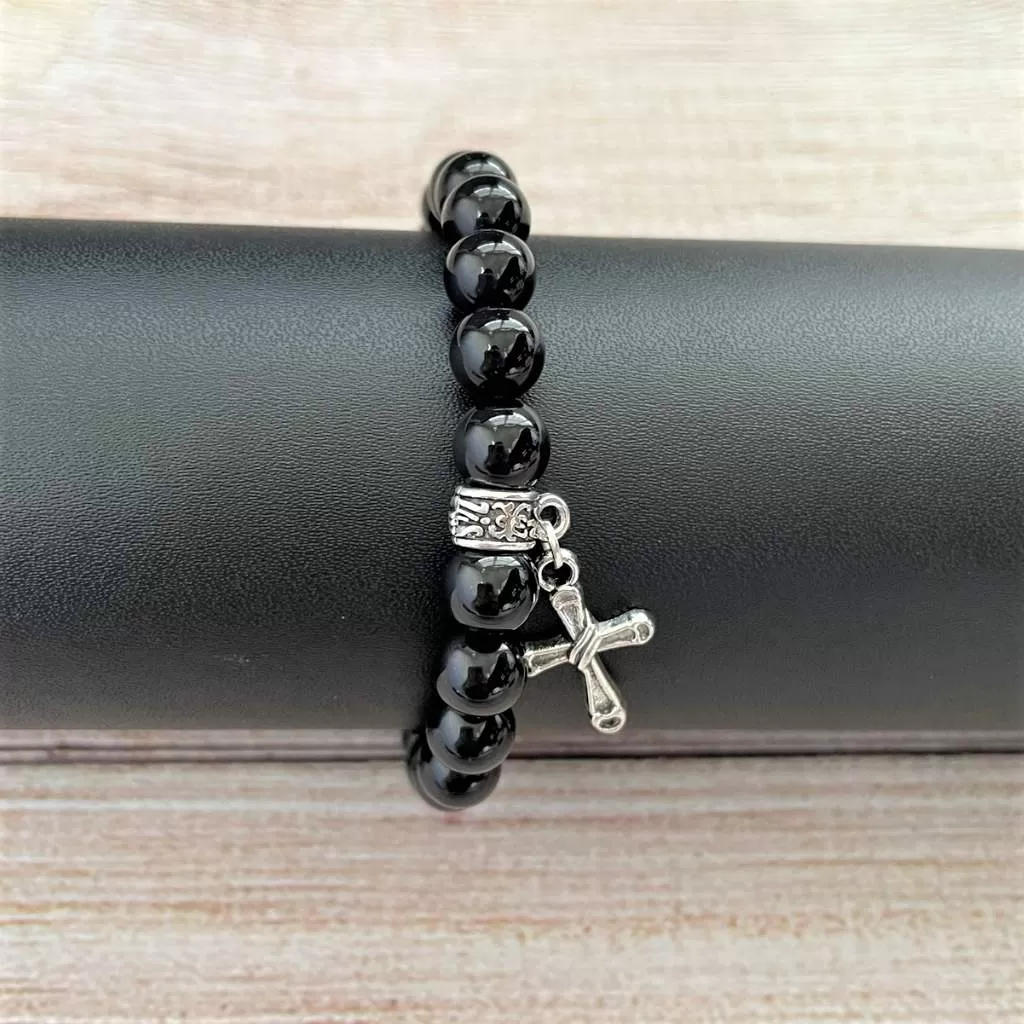 Black Onyx Mens Beaded Bracelet with Silver Cross