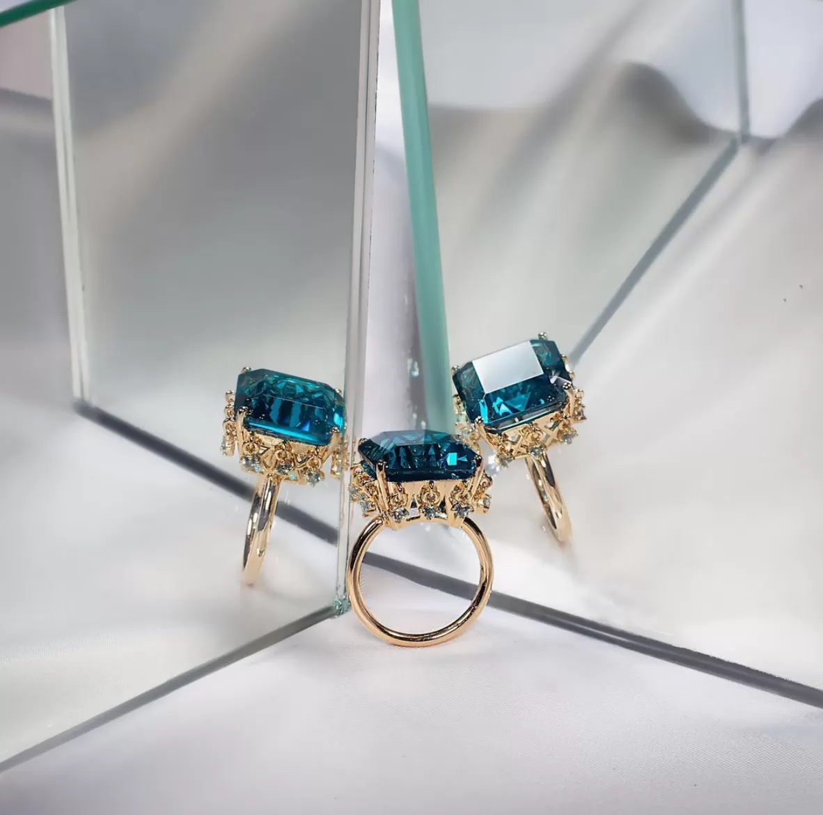 Blue Topaz Queen's Signature Ring with Zircon Charms in Vermeil Gold