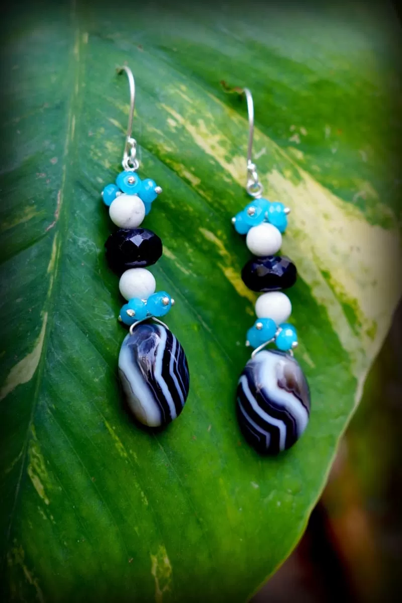 Boho Chic Blue Quartz Howlite Banded Agate Handmade Earrings