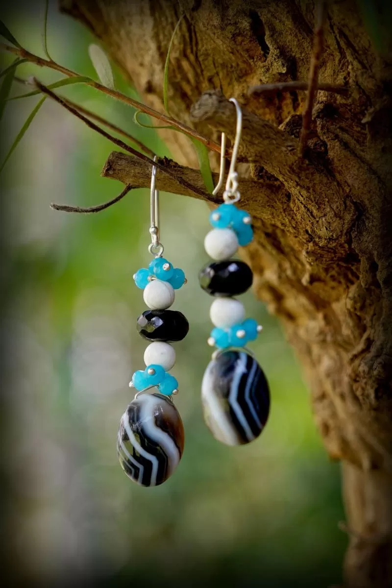 Boho Chic Blue Quartz Howlite Banded Agate Handmade Earrings