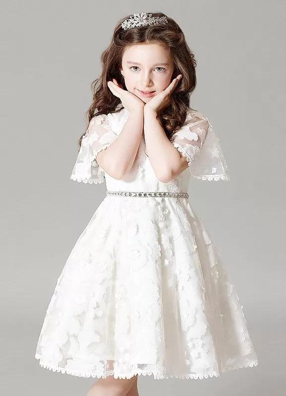 Boho Ivory Illusion Bell Sleeve Lace Flower Girl Dress A-Line Princess Pageant Dress