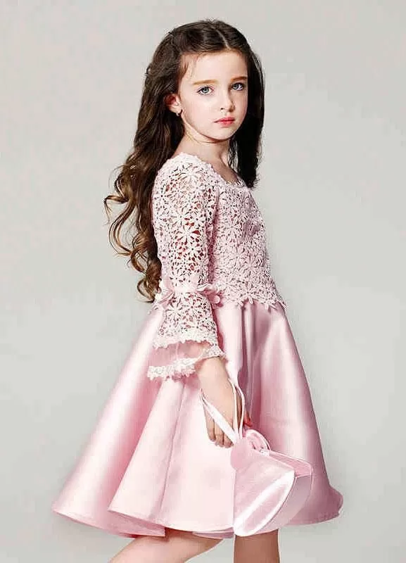 Boho Princess Lace Satin Bell Long Sleeve Flowers Knee Length Pageant Skater Dress