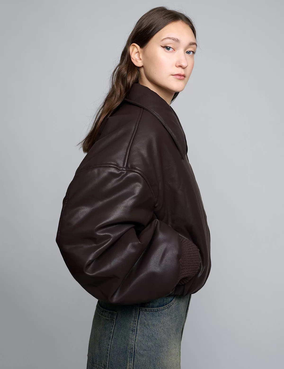 Brown Faux-Leather Bomber Jacket