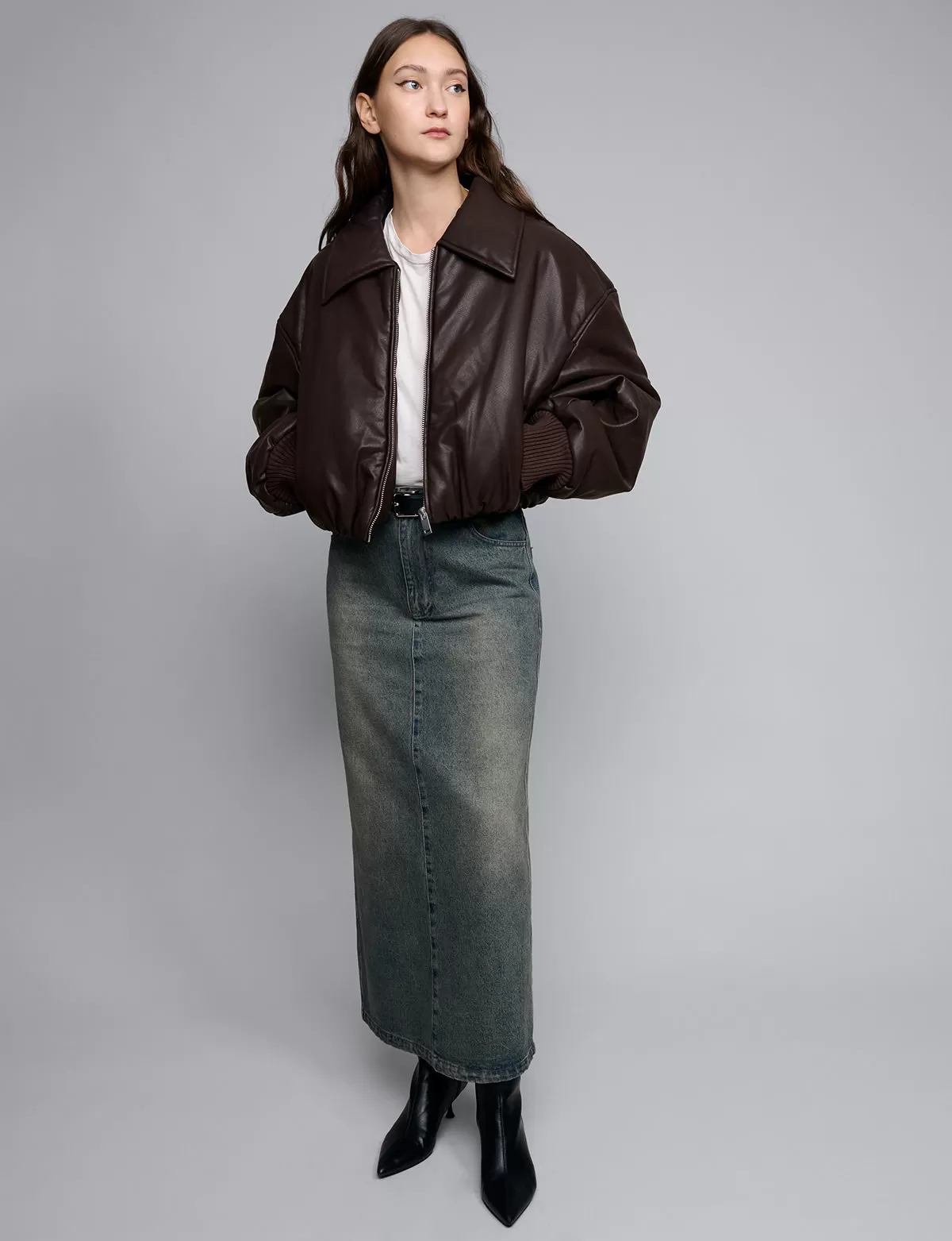 Brown Faux-Leather Bomber Jacket