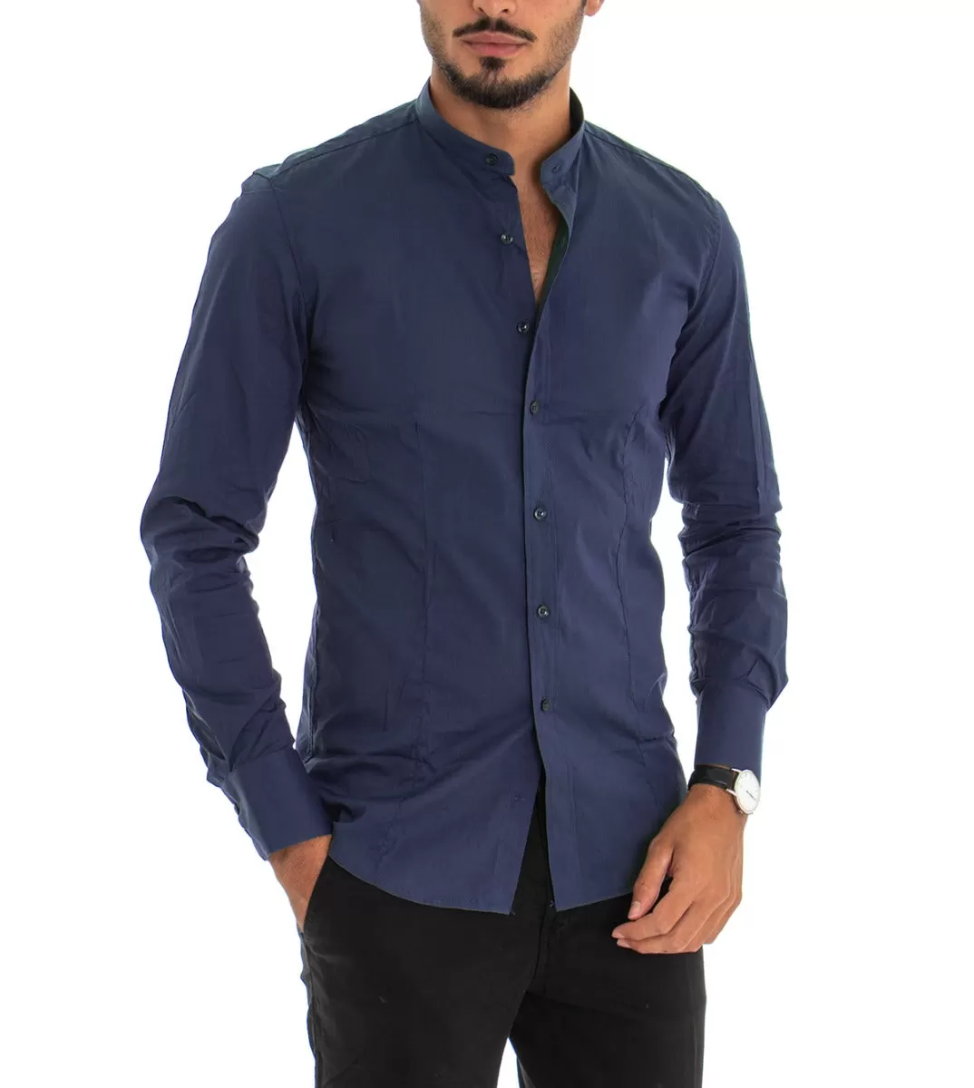 Camicia Uomo Collo Coreano Manica Lunga Slim Fit Basic Casual Cotone Blu GIOSAL-C1819A