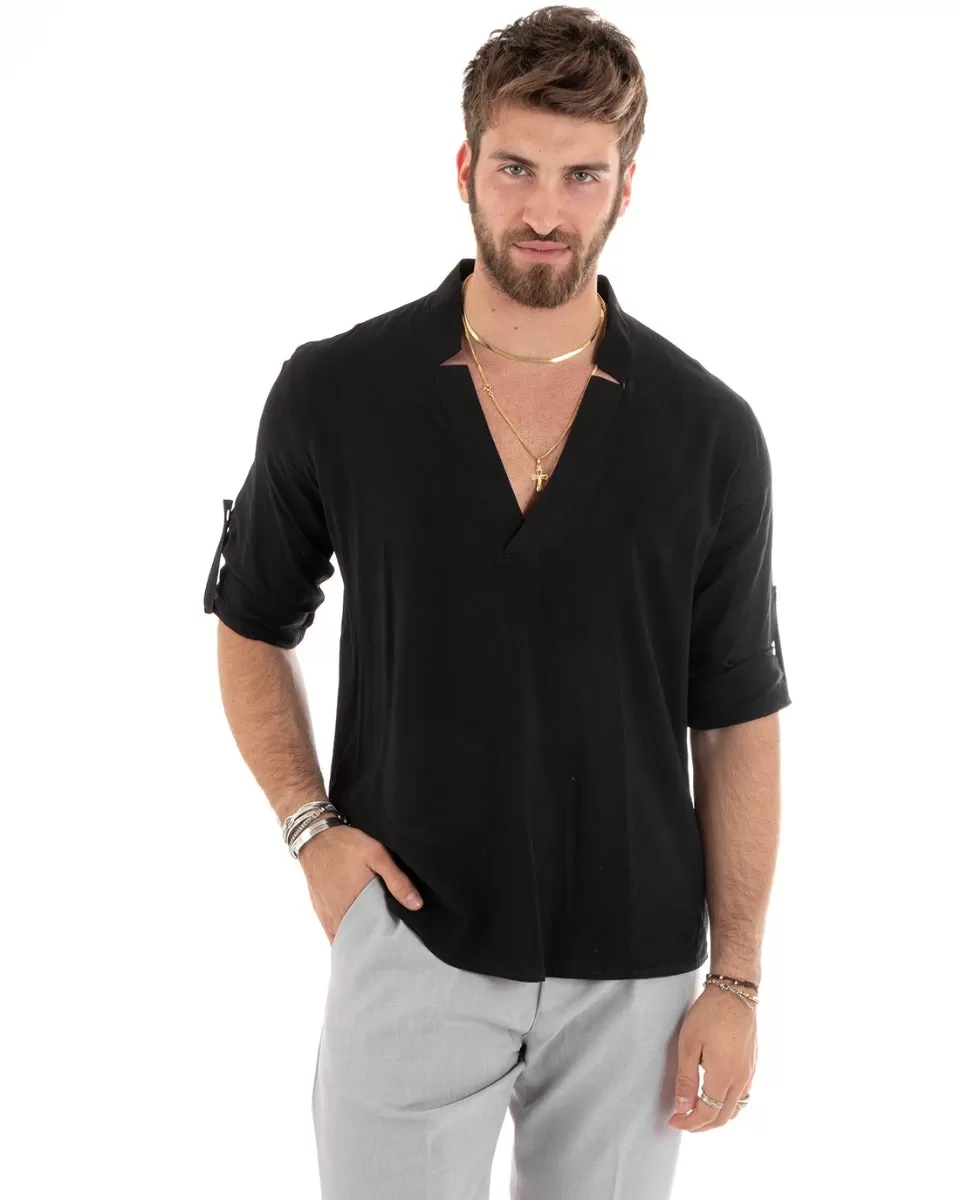 Camicia Uomo Collo V Manica Lunga Viscosa Morbida Leggera Nero GIOSAL-C2694A