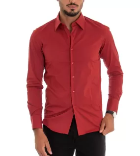 Camicia Uomo Con Colletto Manica Lunga Slim Fit Basic Casual Cotone Rosso GIOSAL-C2357A