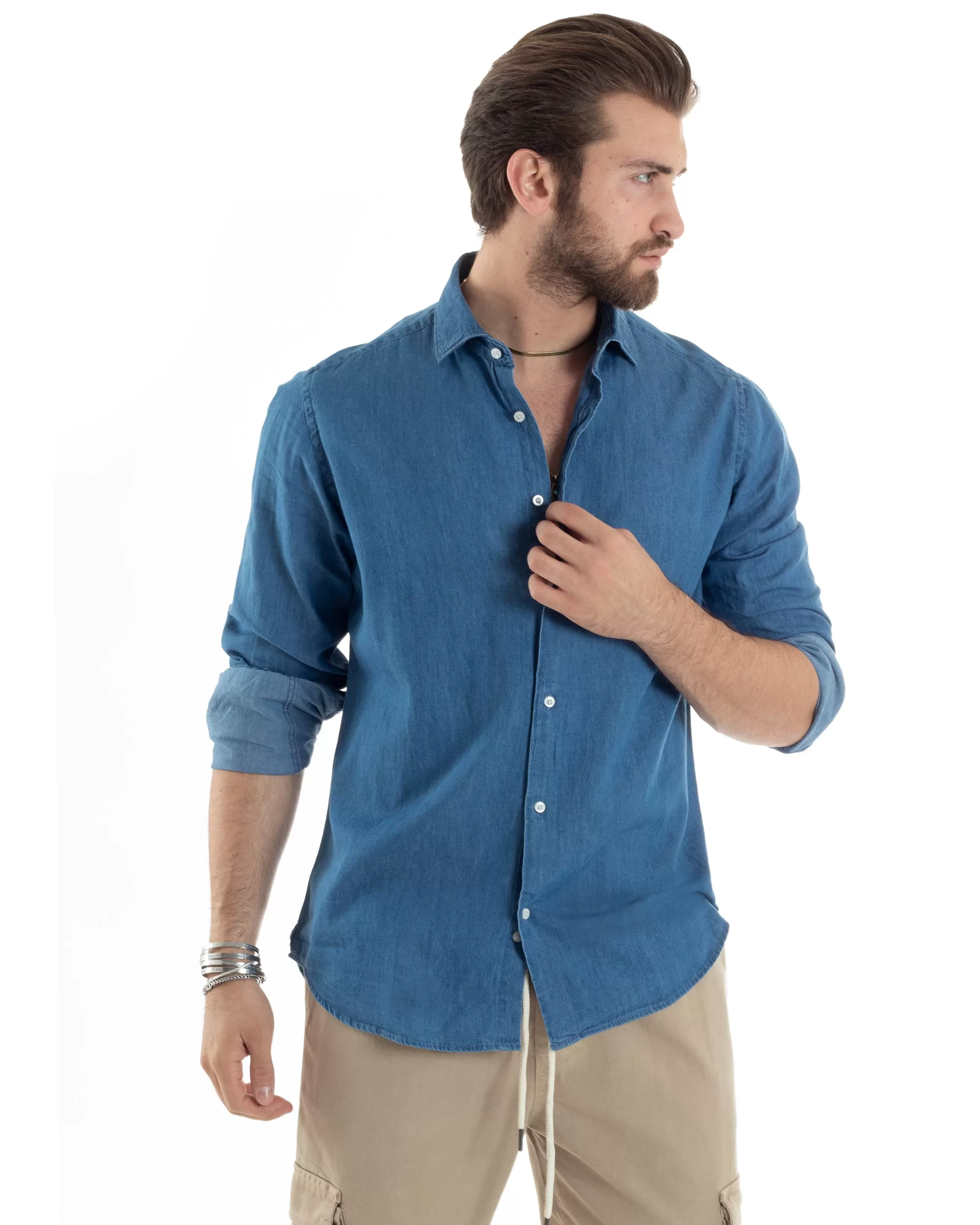 Camicia Uomo Jeans Manica Lunga Collo Francese Con Colletto Slim Fit Basic Denim GIOSAL-C2835A