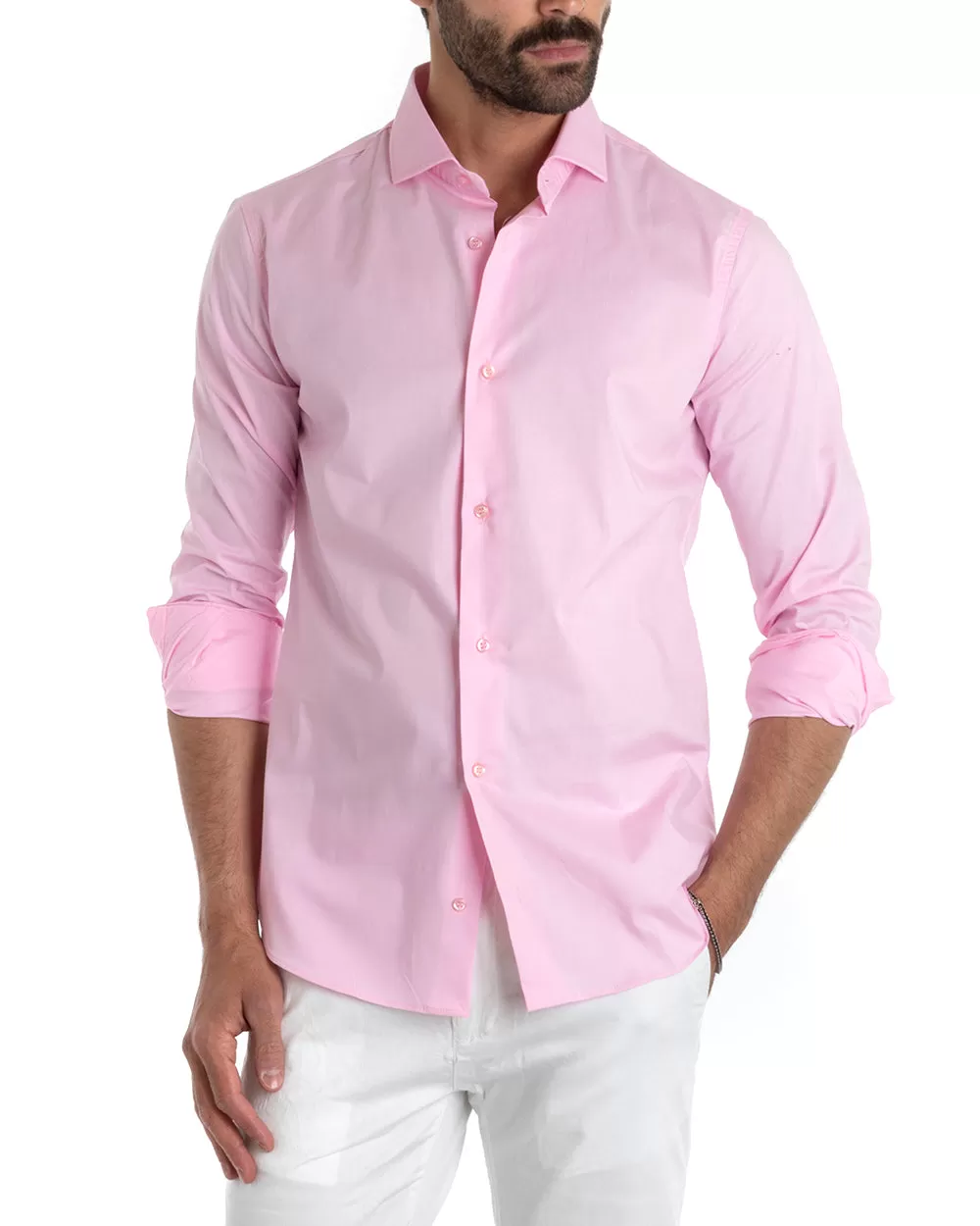 Camicia Uomo Sartoriale Con Colletto Manica Lunga Basic Cotone Morbido Rosa Regular Fit GIOSAL-C2392A