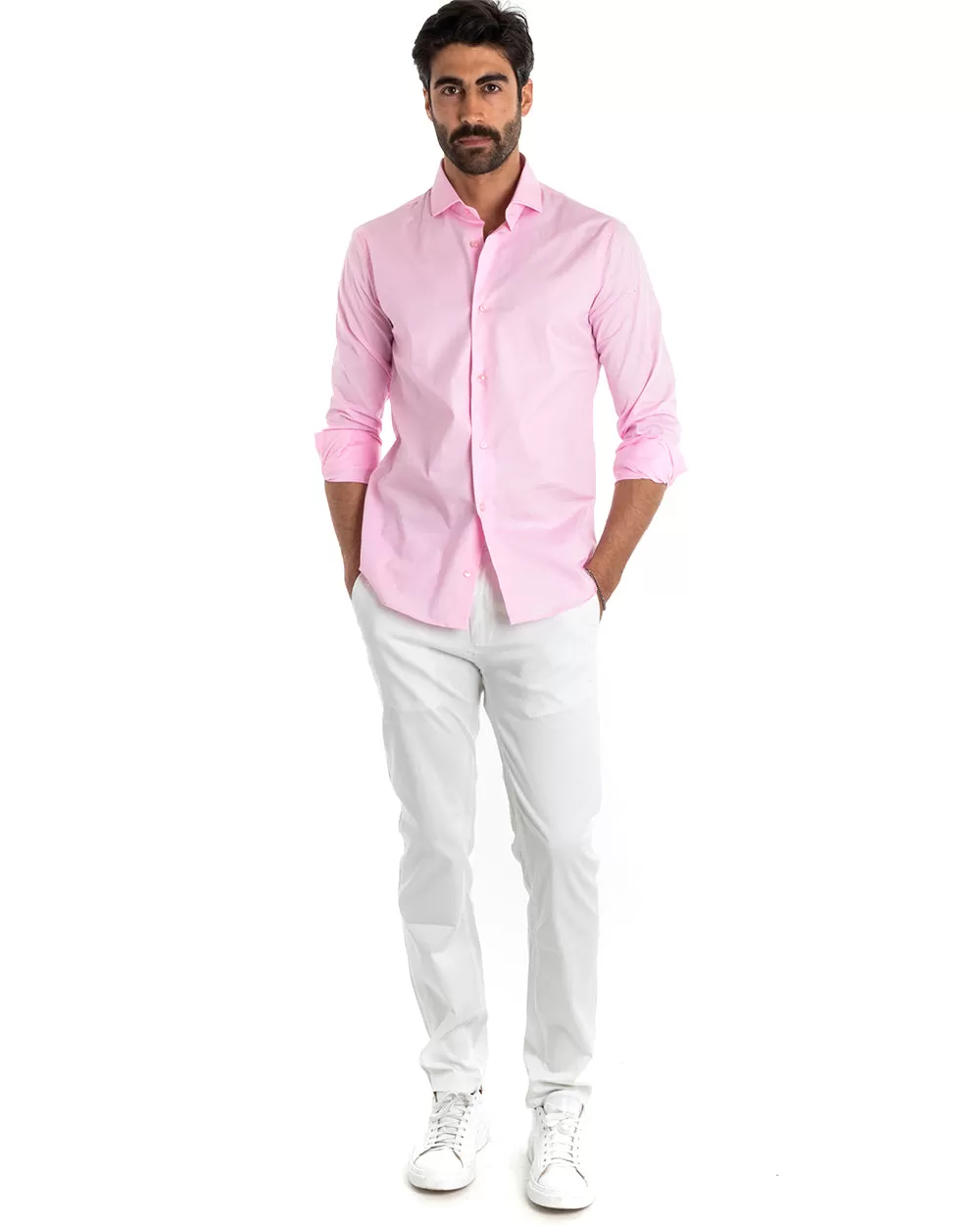 Camicia Uomo Sartoriale Con Colletto Manica Lunga Basic Cotone Morbido Rosa Regular Fit GIOSAL-C2392A