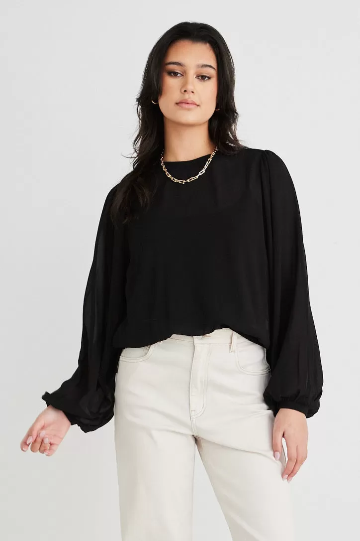 Chance Black Georgette LS Rib Hem Top