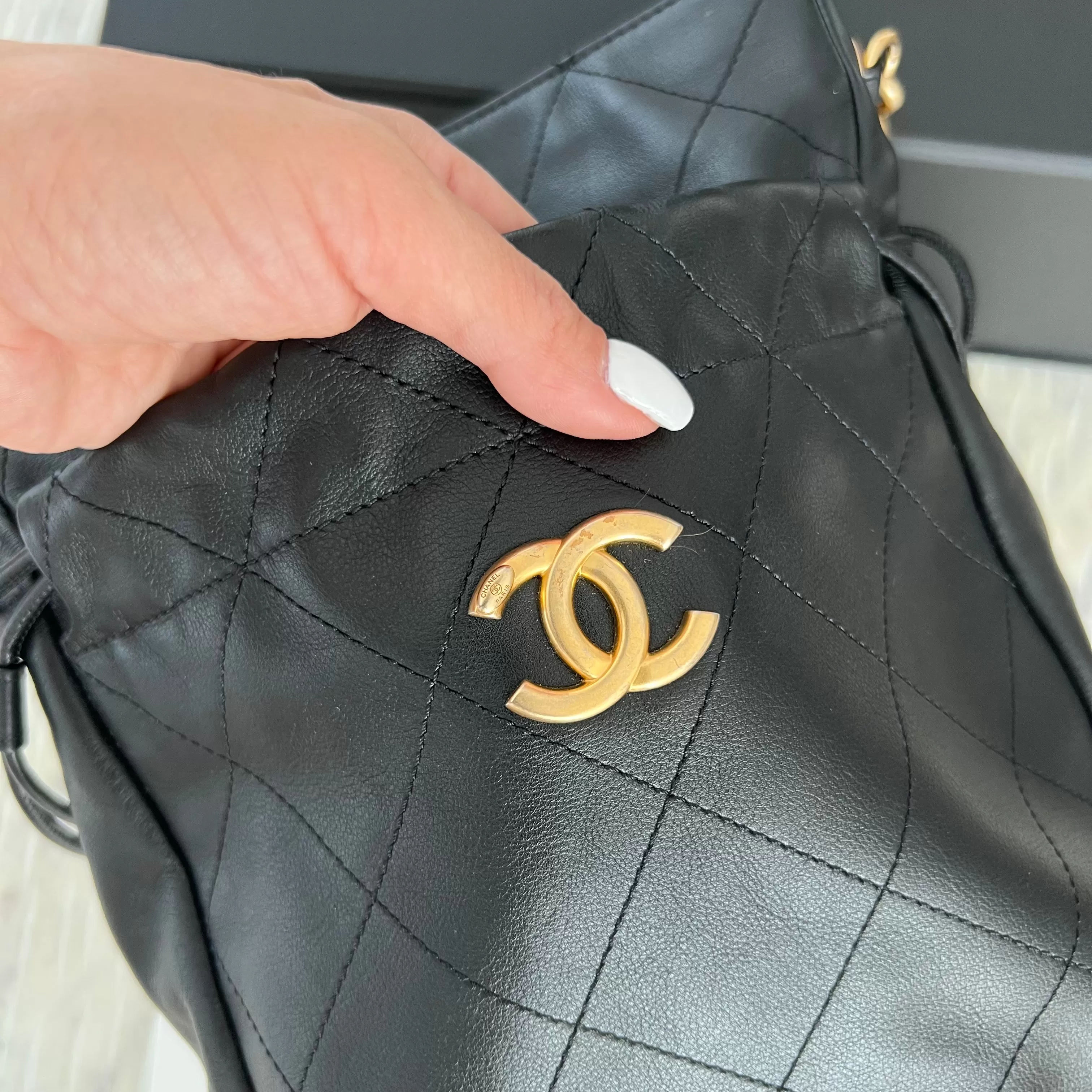 Chanel Calfskin Quilted Drawstring Bucket Bag