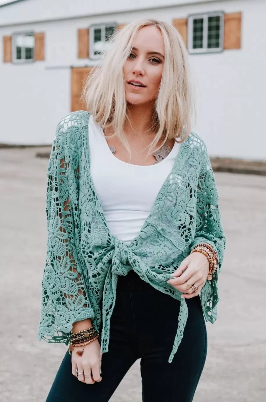 Crochet Petal Kimono Wrap - Mint