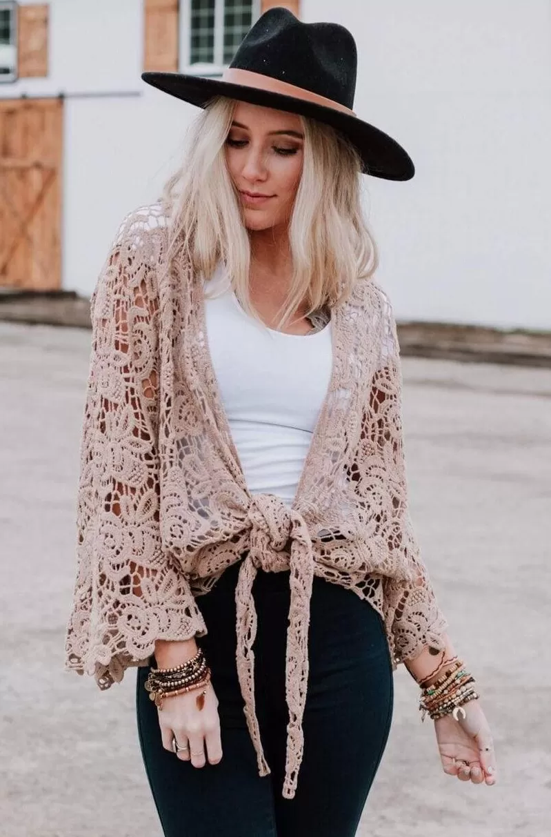 Crochet Petal Kimono Wrap - Mocha