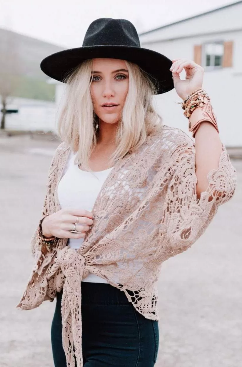 Crochet Petal Kimono Wrap - Mocha