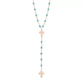 Cross Charm Classic Gigi Turquoise Green rosary, Rose Gold, 16.5"