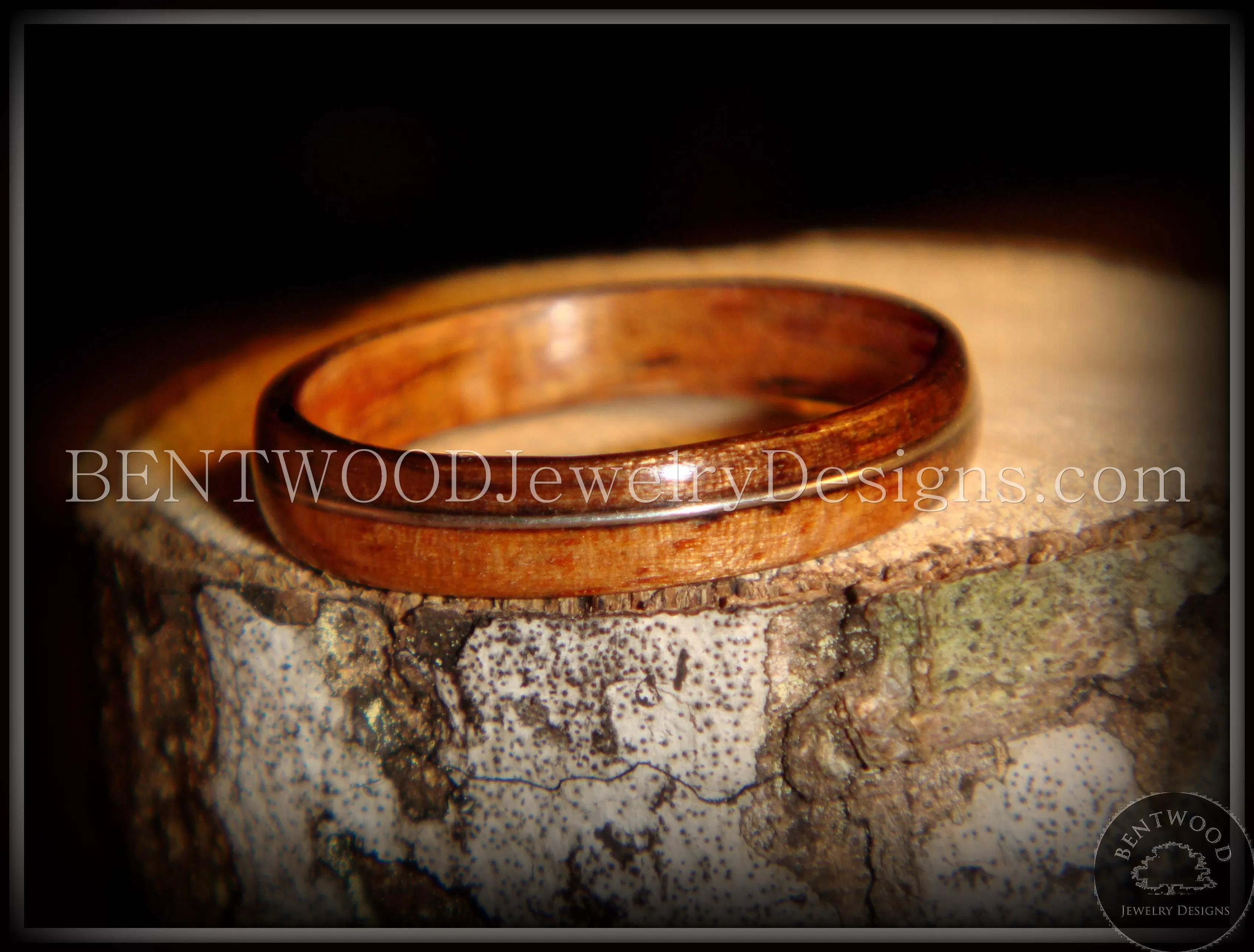 Custom Order Tazzy Bentwood Ring - India Grace Rosewood Wood Ring with High E Guitar String Inlay