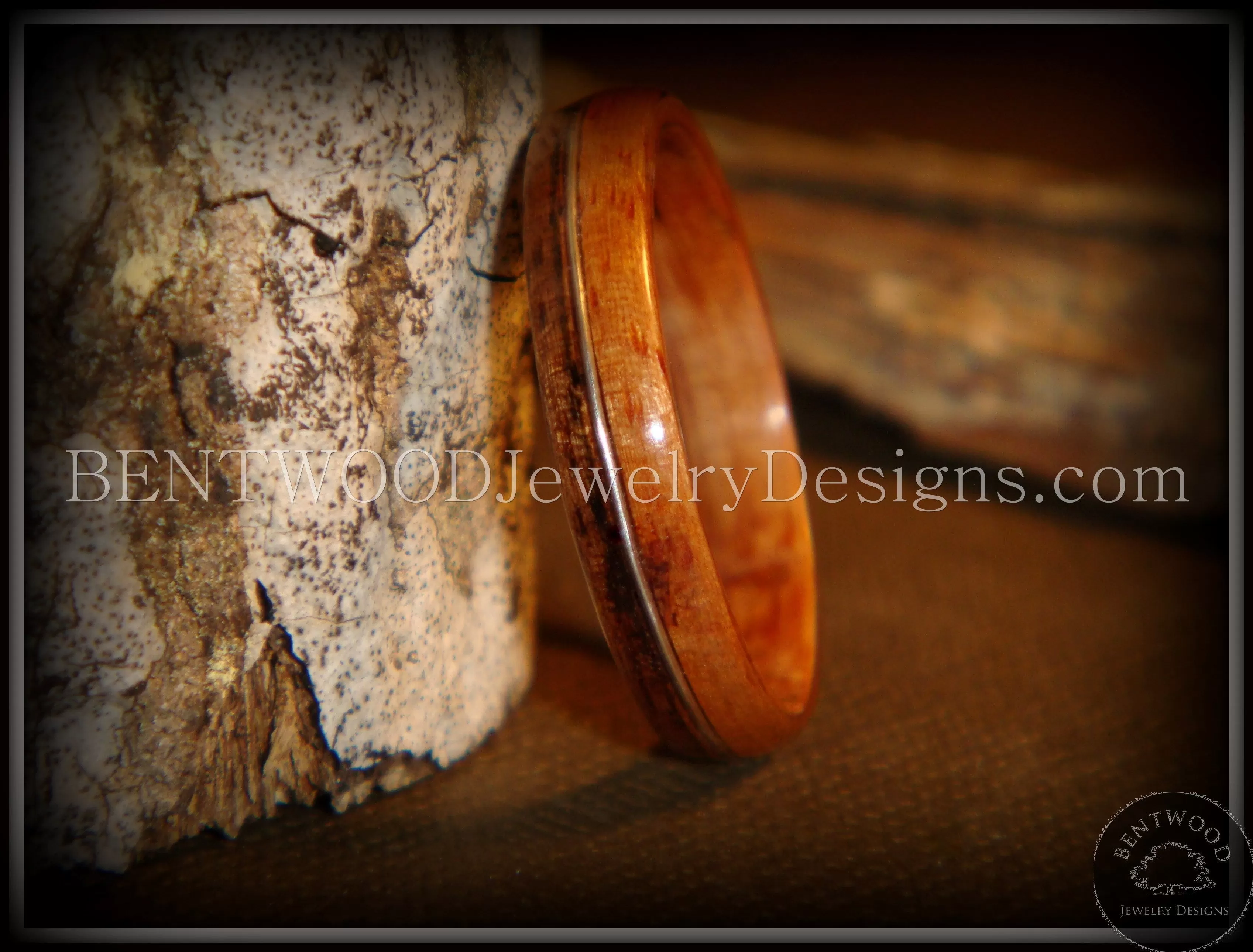 Custom Order Tazzy Bentwood Ring - India Grace Rosewood Wood Ring with High E Guitar String Inlay