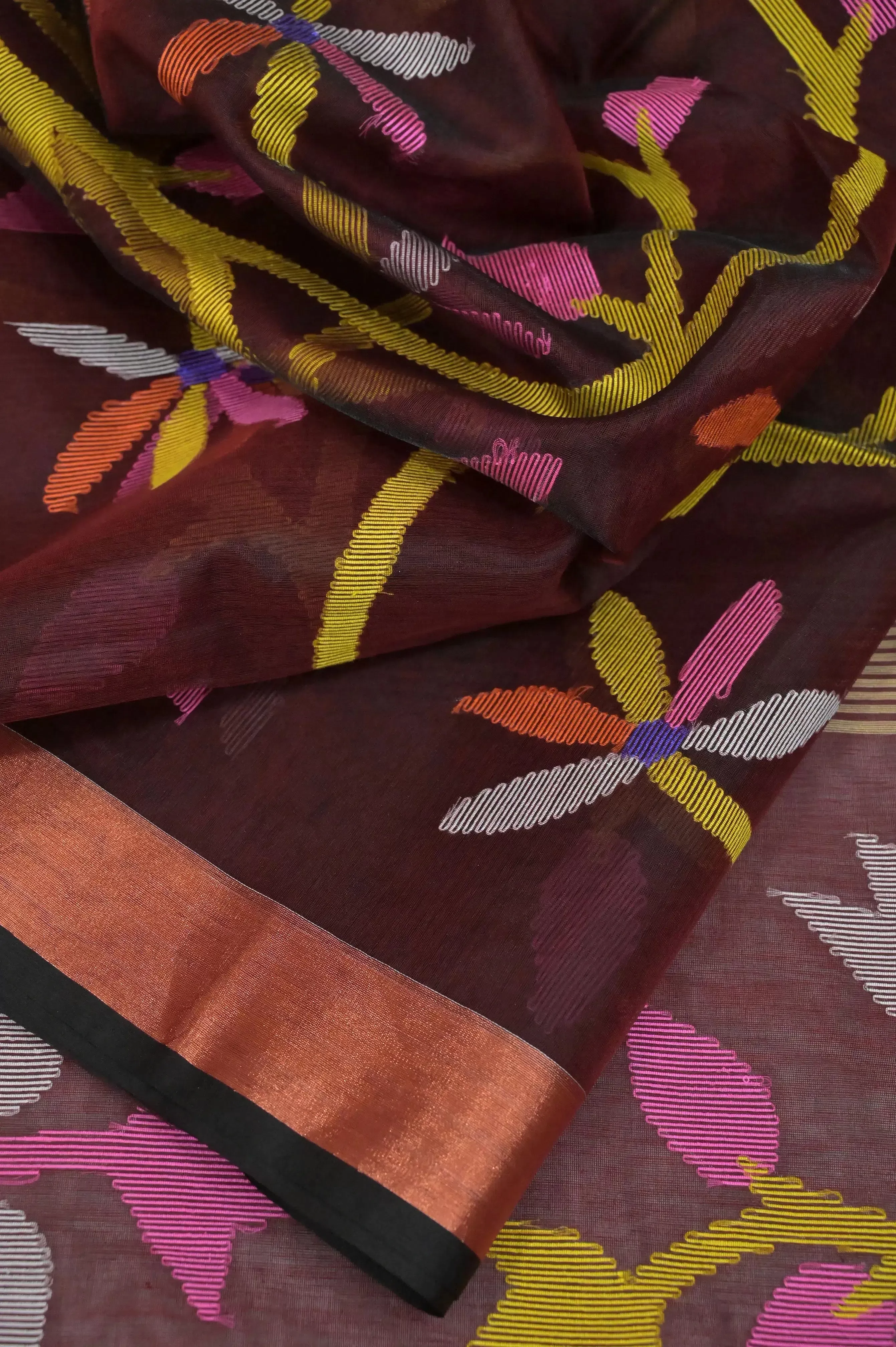 Deep Maroon Color Muslin Jamdani Saree with Allover Jamdani Weaving