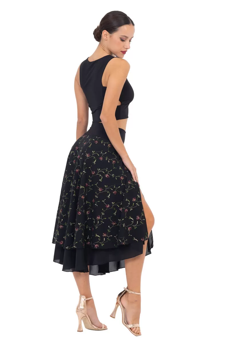 Delicate Floral Embroidered Georgette Two-layer Skirt (L)